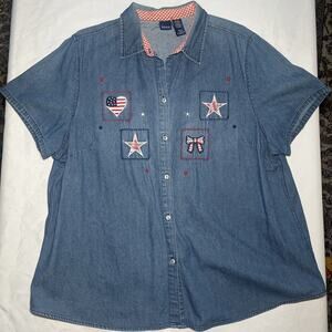 Vintage Basic Edition Women’s Denim Button Up Shirt Size 2X 4th of July USA READ